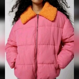 Urban Outfitters Pink Puffer Jacket with Sherpa Orange Collar